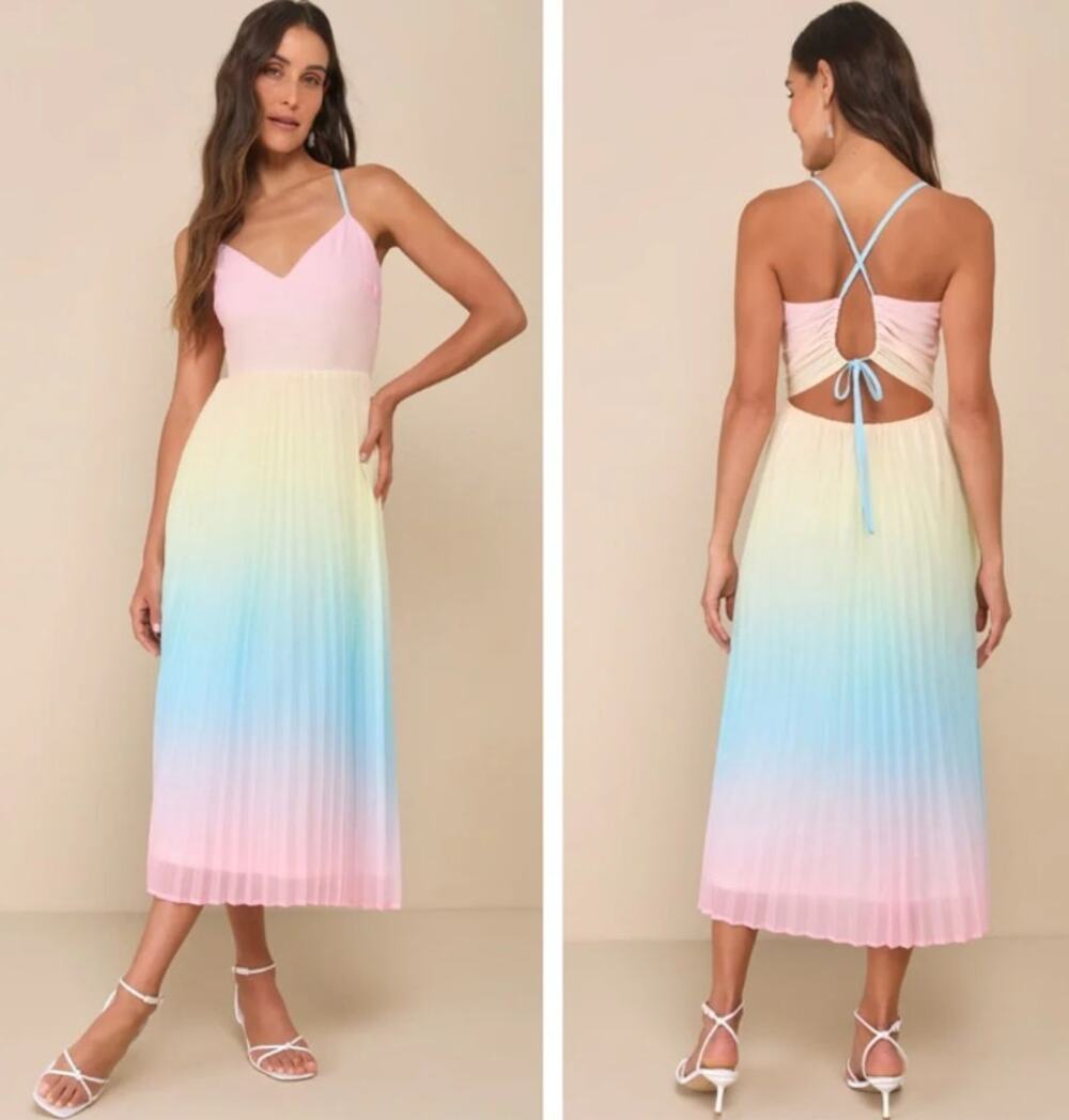 Lulus Sweetly Rainbow Midi Dress Open Back Pink Multi Ombre Pride Month NWT